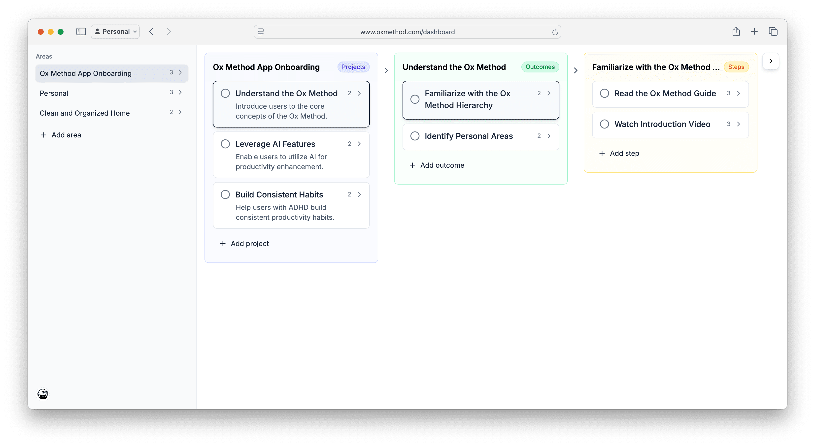 Ox Method Dashboard - Project management interface showing areas, projects, and next actions